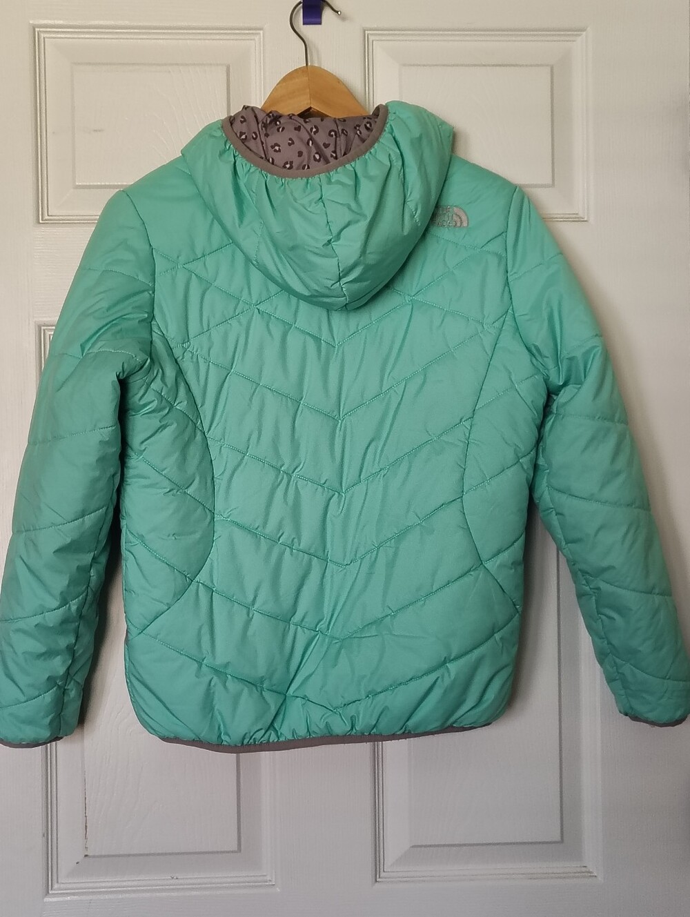 The North Face Girls' Hooded Reversible Perrito Puffer Jacket Large Mint Gray - Picture 2 of 4